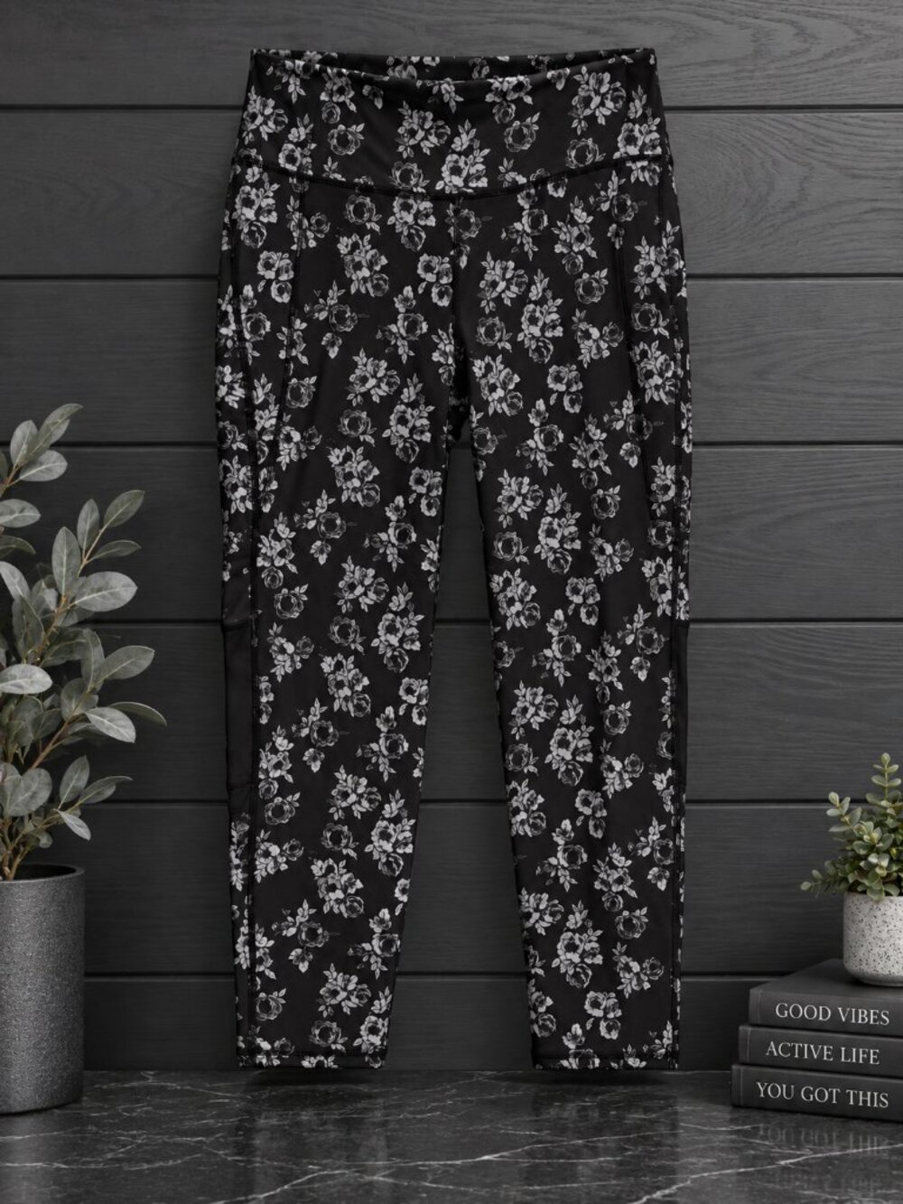🖤 Black & Grey Rose Floral Active Leggings